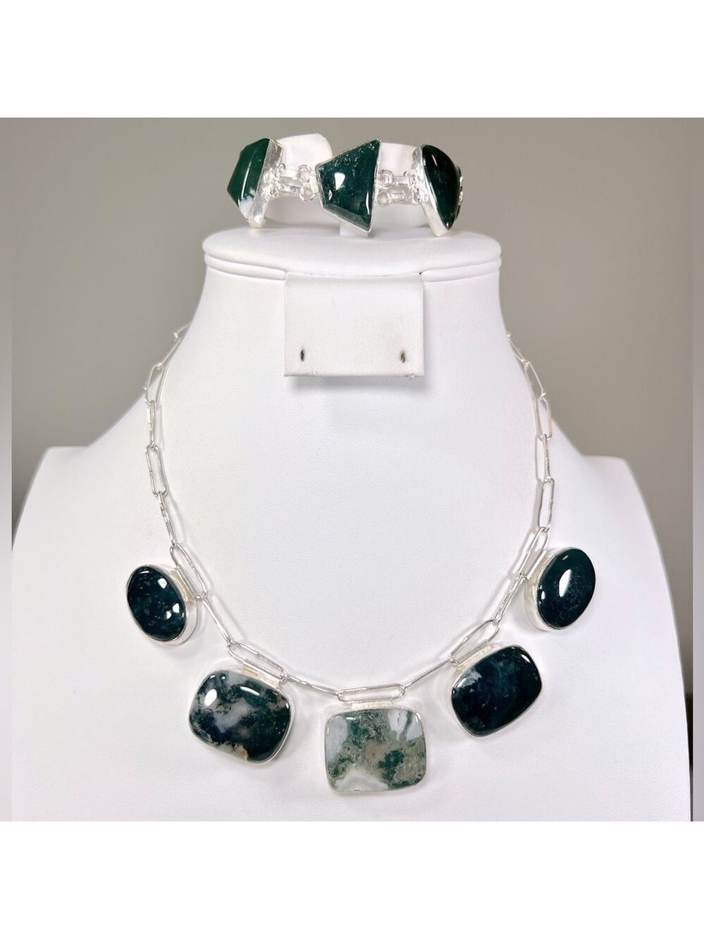 Moss Agate 925 Rectangles Necklace & Bracelet Set